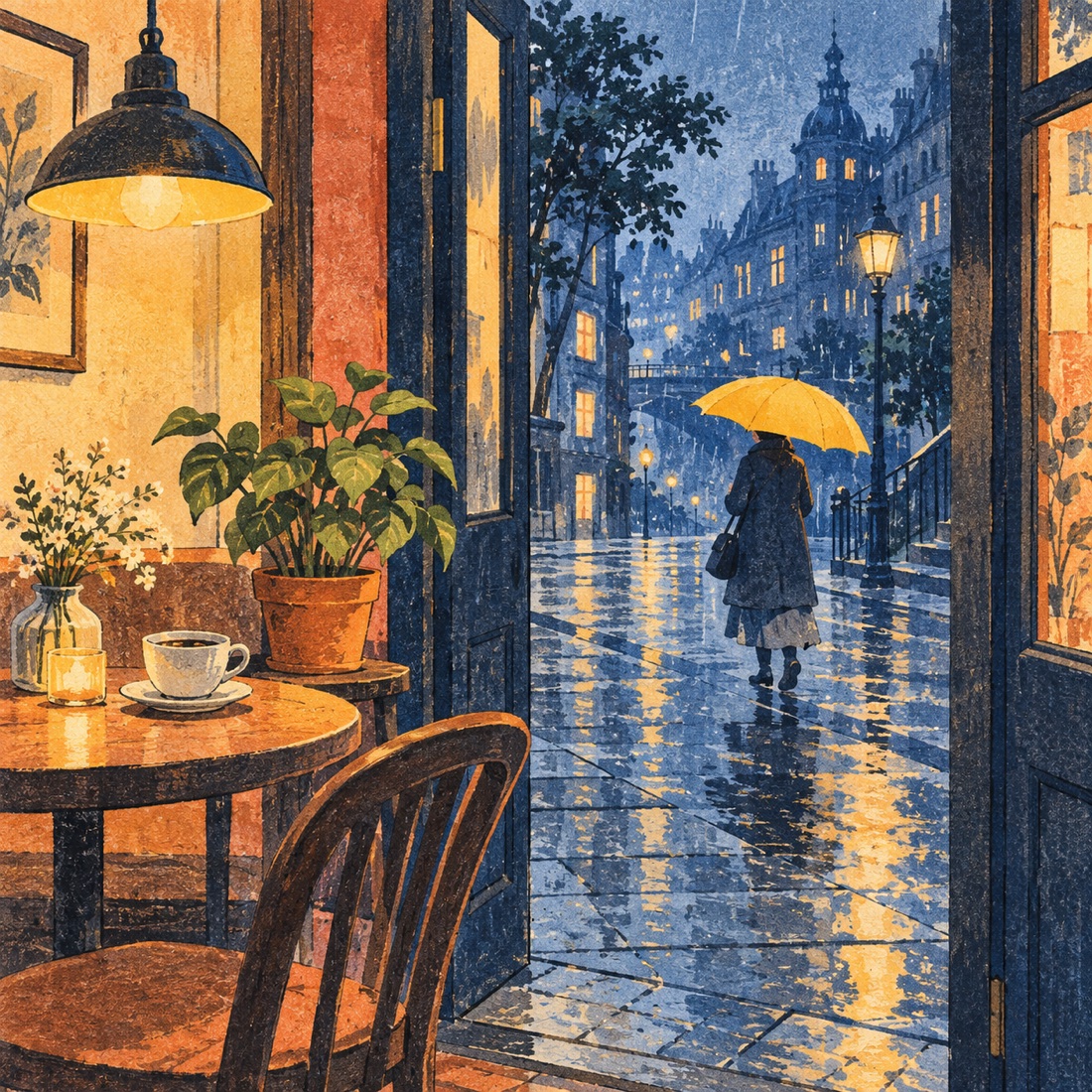 雨のサロン｜雨の喫茶店 幻想的 アートポスター 雨の日のカフェ インテリア 絵画 雨の入口｜PiXiEED